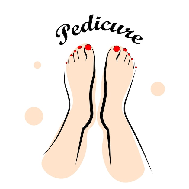 Legs with red polish on a white background Illustration in doodle style Pedicure