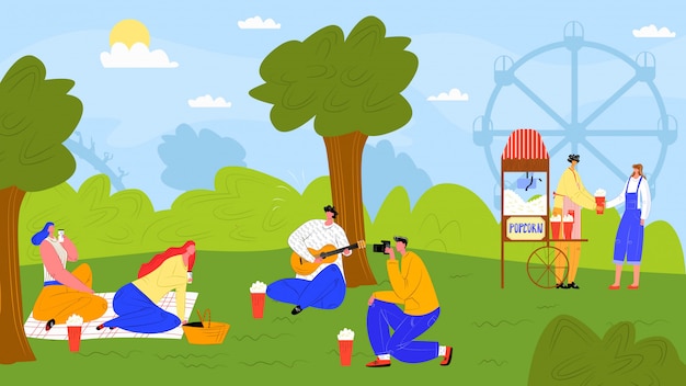 Leisure at outdoor nature, people character in park  illustration. Woman man person in summer cartoon activity, picnic at grass.  holiday relax near tree, girl boy have rest at landscape.