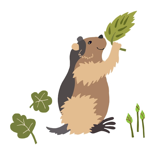 Lemming flat hand drawn illustration Cute rodent on a botanical background Wild forest vector