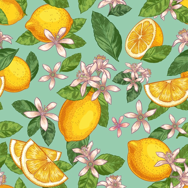 Lemon blossom seamless pattern. Hand drawn yellow lemons with green leaves and citrus flowers. Botanical garden fruits illustration.