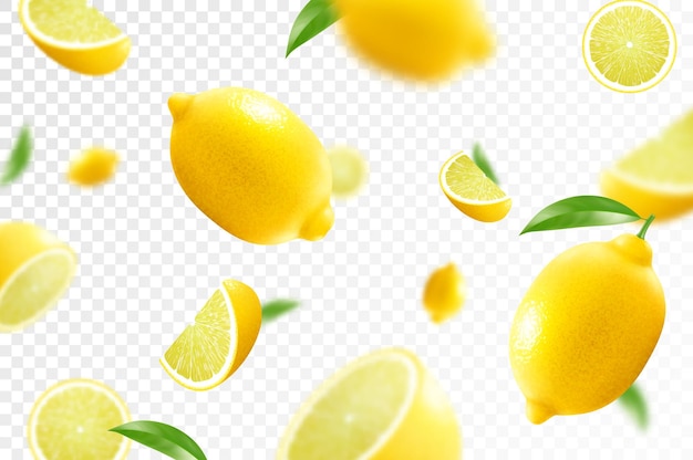 Lemon citrus background Flying Lemon with green leaf on transparent background Lemon falling from different angles Focused and blurry fruits Realistic 3d vector illustration