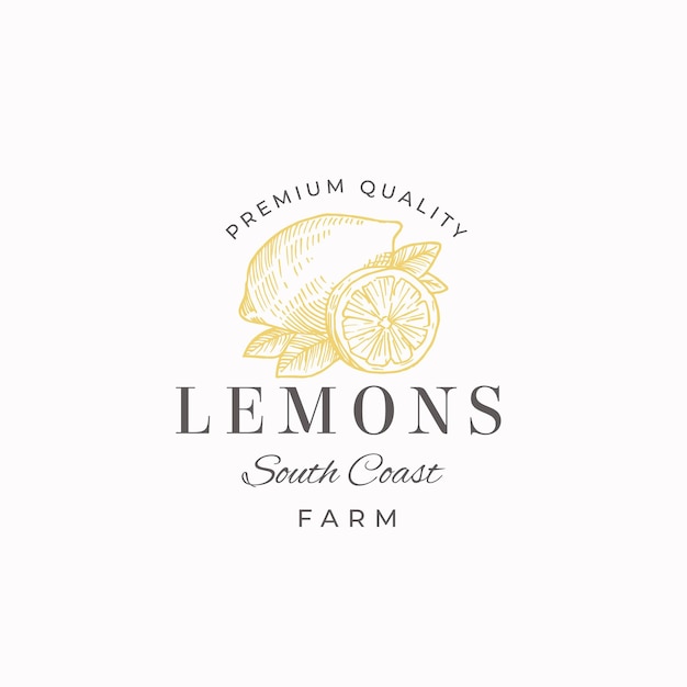 Lemon Fruit Farms Abstract  Sign, Symbol or Logo Template. Hand Drawn Lemons with Leaves Sketch with Retro Typography. Vintage Luxury Emblem.