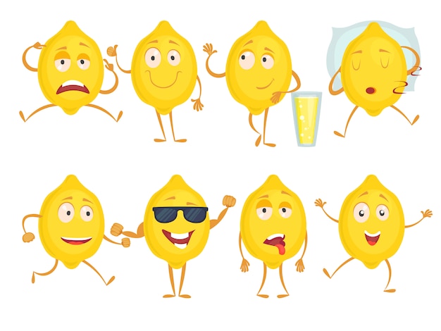 Vector lemon funny characters, fresh fruits emotions sadness joy surprise and various poses, mascot yellow lemon with happy face