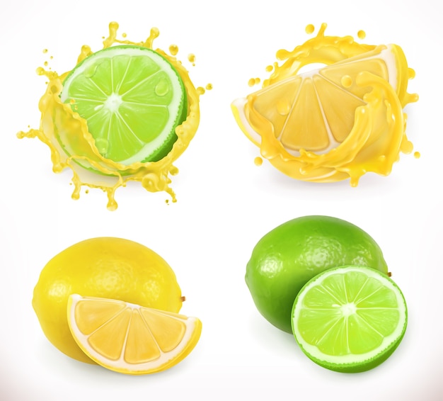 Lemon and lime juice. Fresh fruit, 3d vector illustration