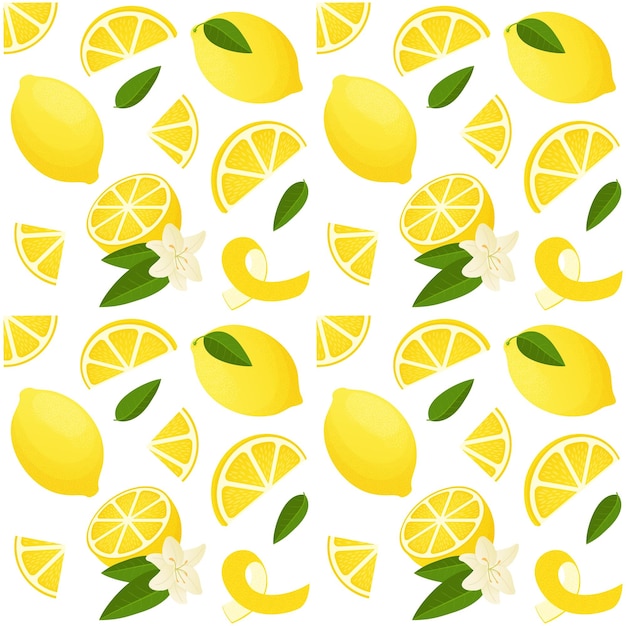 Lemon pattern Seamless print of exotic tropical citrus fruit zest and slices Vector texture