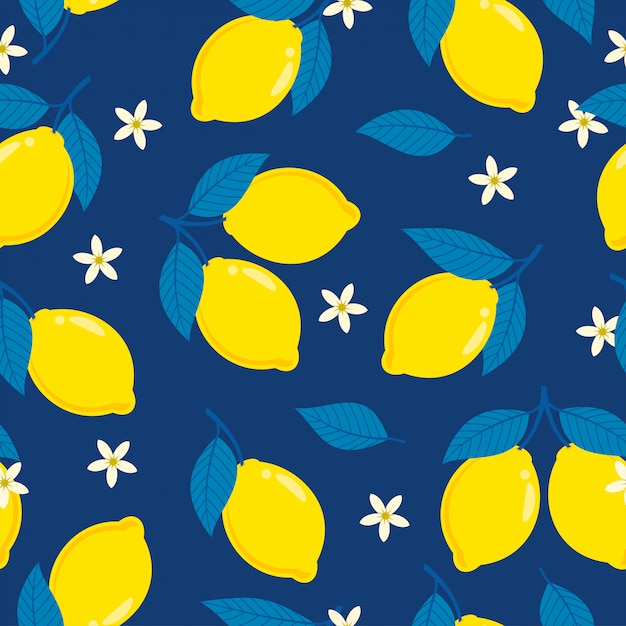 Lemon seamless pattern on dark blue background 