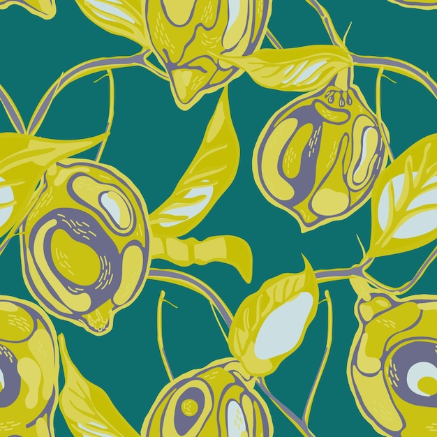 Lemon Seamless Pattern.  Modern Hand Drawn Background. Vector Summer Citrus Print. Green and Grey Psychedelic Citron Motif. Simple Marker Lime. Botanical Illustration.