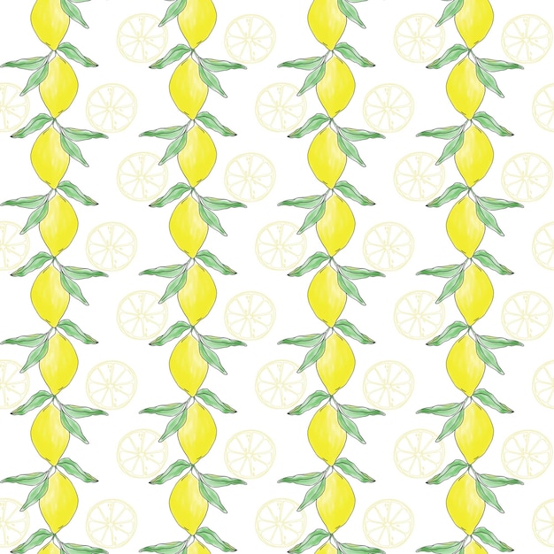 Lemon seamless pattern stripes repeat pattern Yellow citrus fruit with leaves retro background