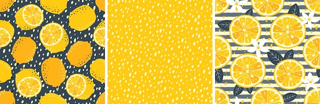 Lemon set of seamless patterns: lemon halves, lemon fruits, leaves, flowers, slices, peel. Bright yellow and gray colors.