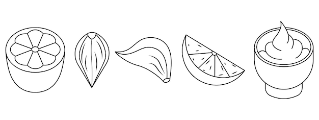 Lemon slice and half garlic cloves and sauce bowl set in doodle style