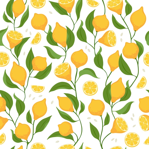 Lemon slices and whole fruits seamless pattern.