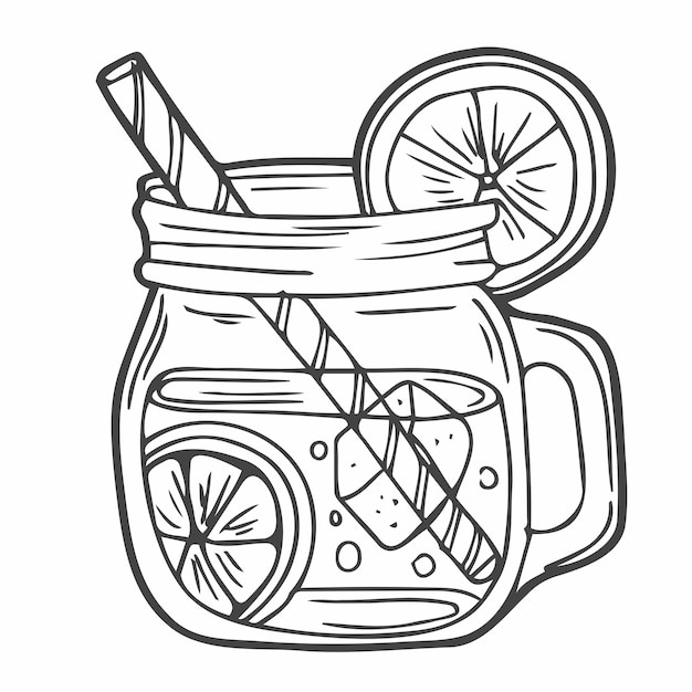 Lemonade in mason jar mug with drinking straw and lemon wedge Refreshing summer drink vector clip art illustration doodle style drawing