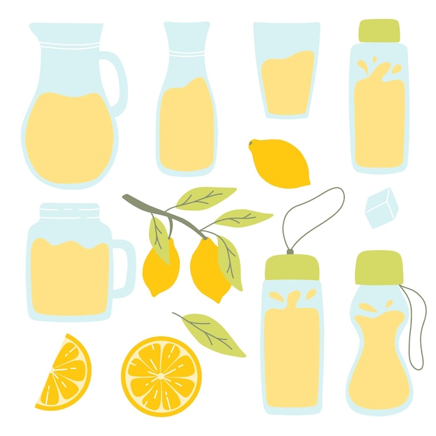 Lemonade set Collection of jugs glasses and bottles of lemonade Lemonade with lemon mint and ice Vector illustration Flat hand drawn style