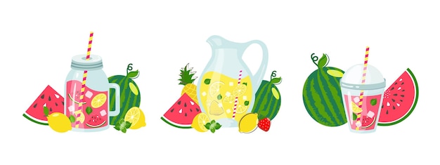 Lemonade vector set. Summer beverage in glass pitcher with slice lemon, ice cubes, mint and summer fruits. Healthy sweet homemade lemonade with watermelon illustration