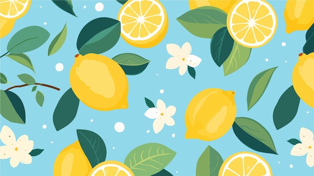 Vector lemons are on a blue background with flowers