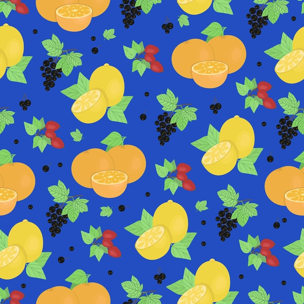 Lemons oranges sprigs of rose hips and currants seamless pattern vector in doodle style