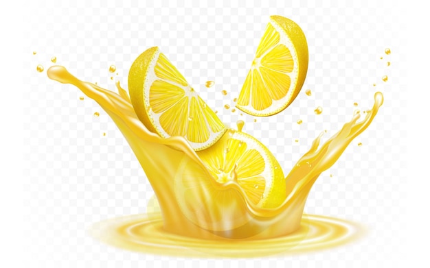 Lemons slices in lemon juice splashes and many juice drops realistic illustration. Lemonade is flowing