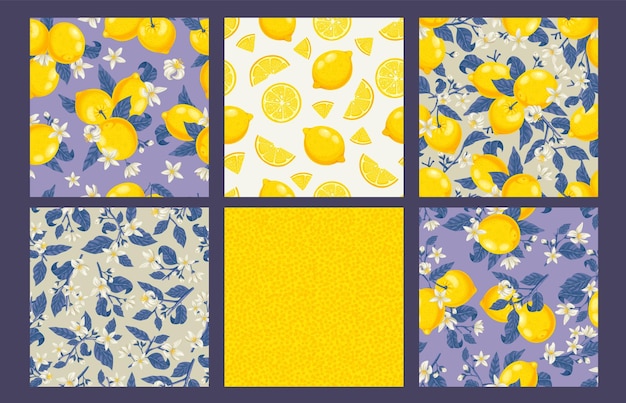 Lemons texture pattern Yellow lemon peel blossom on branches and sliced fruits seamless vector background set