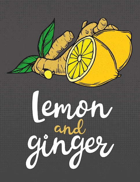 Lemons with ginger. Lemon slices with ginger. Fresh citrus, half sliced lemons. Ginger with lemon.