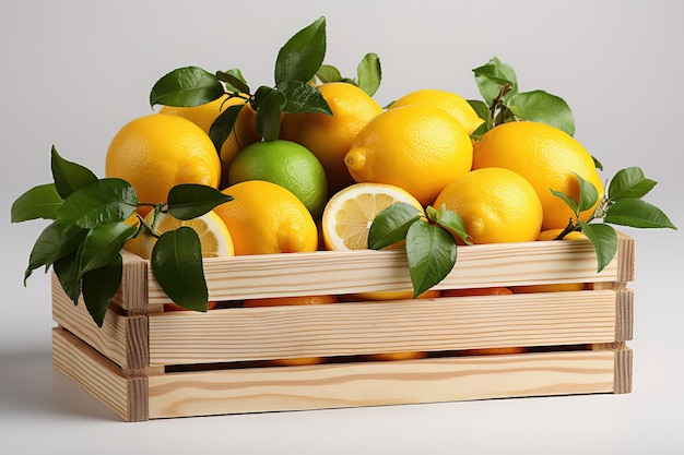 Lemons with green leaves in a crate with one on the surface in the foreground isolated on a white