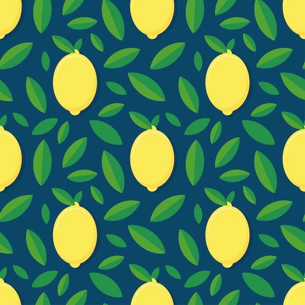 Lemons with leaves on deep blue seamless pattern