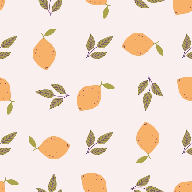 Lemons with leaves in flat style vector seamless pattern