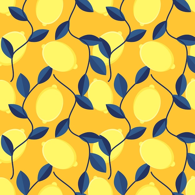 Lemons with leaves ornament seamless pattern on dark yellow Vector illustration