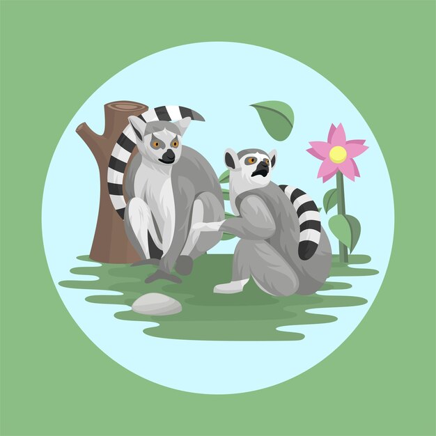 Lemur Animal Couple Flat Vector Colorful with Nature Background Elements