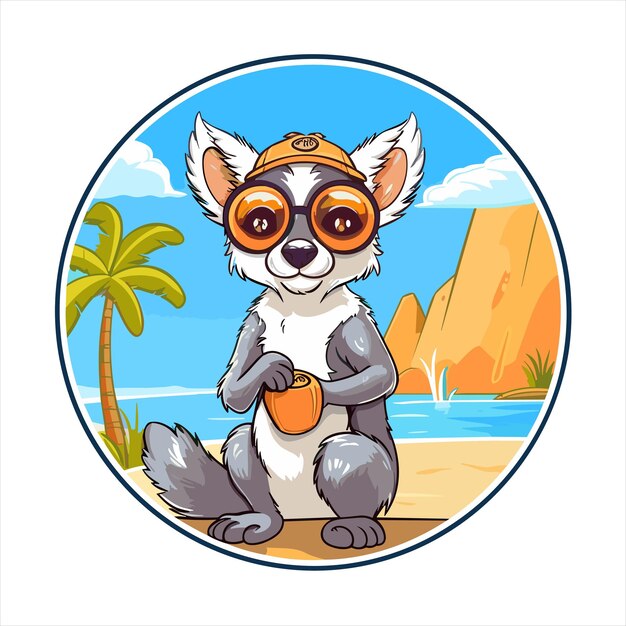 Vector lemur cute funny cartoon kawaii colorful watercolor beach summer animal pet sticker illustration