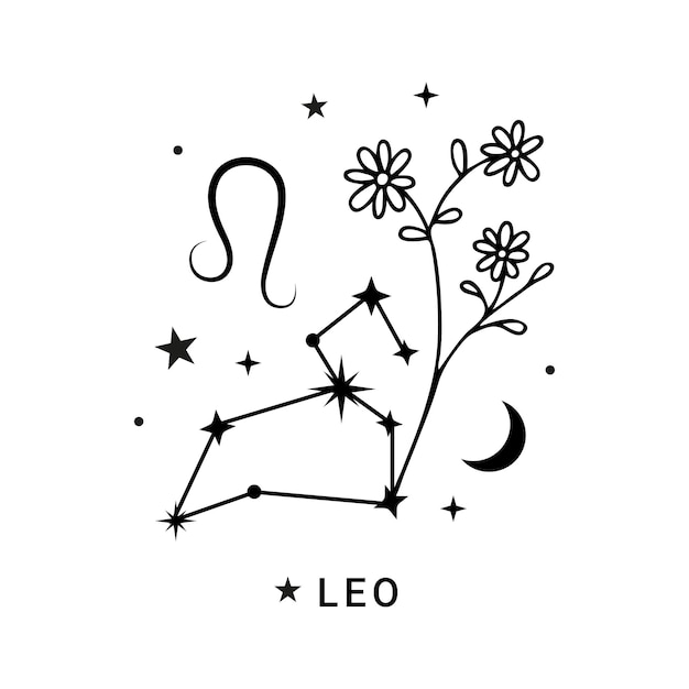 Leo constellation zodiac sign with flower moon and stars