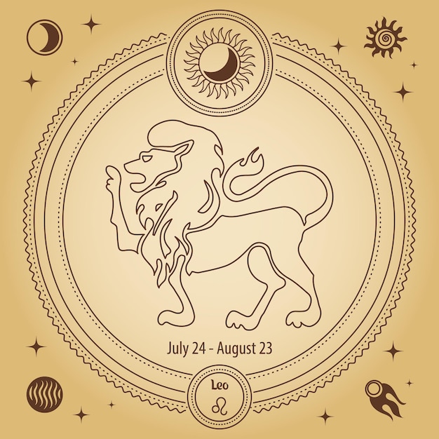 Leo Zodiac sign, astrological horoscope sign. Outline drawing in a decorative circle