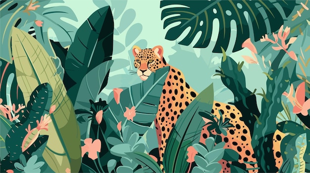 Vector a leopard is surrounded by plants and flowers