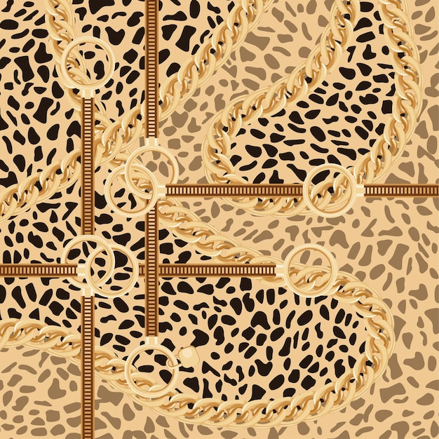 Vector leopard pattern with golden chain and belts for fabric design. vector illustration. silk scarf design.