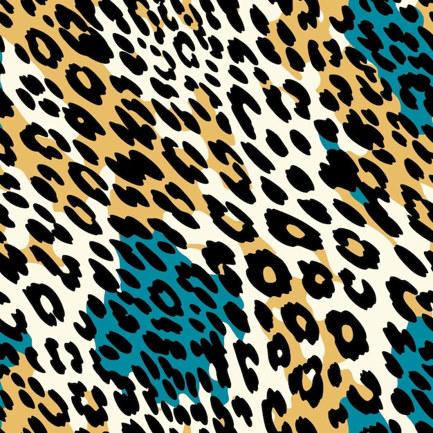 A leopard print with blue and yellow spots seamless pattern Vector illustration