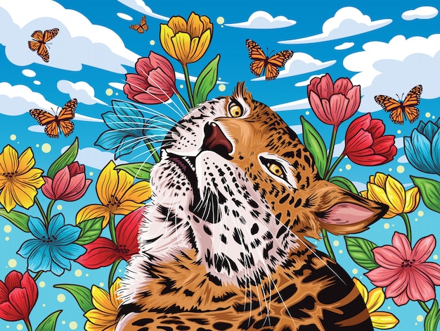 Leopard in summer with flower background and cute butterfly