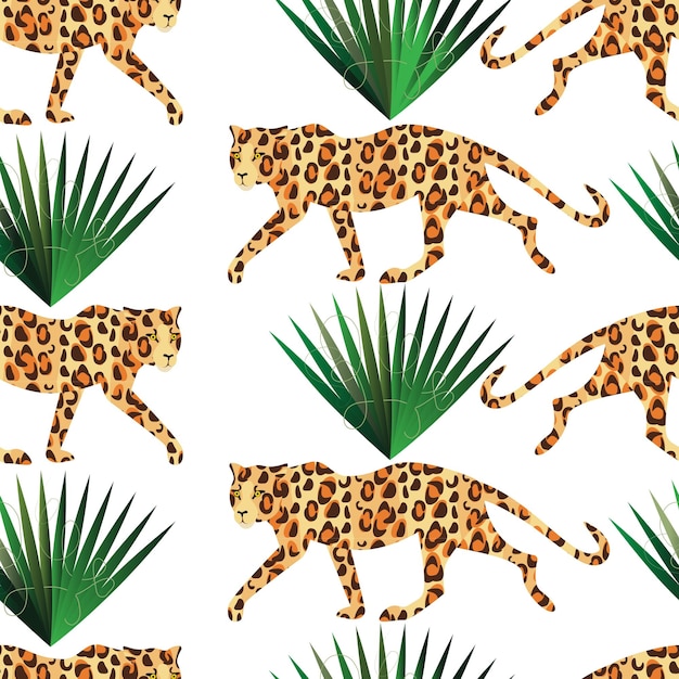 Leopard and tropical plant seamless pattern