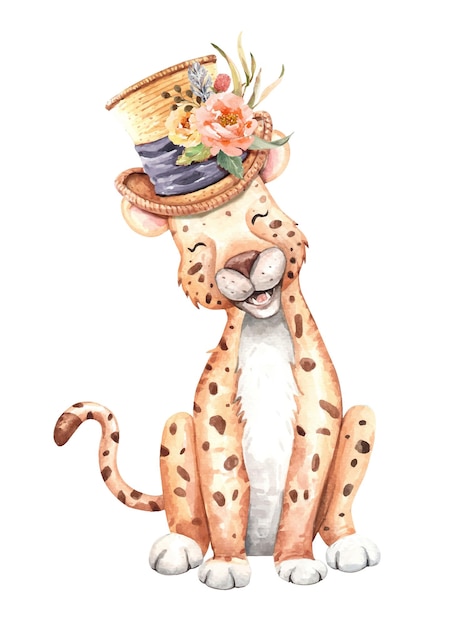 Leopard wearing flower bouquet on hat Leopard watercolor