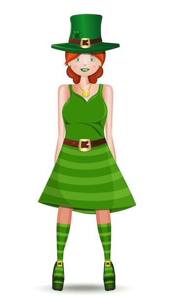 Leprechaun girl Cute redhaired girl in green leprechaun costume Design elements for St Patricks Day Vector illustration