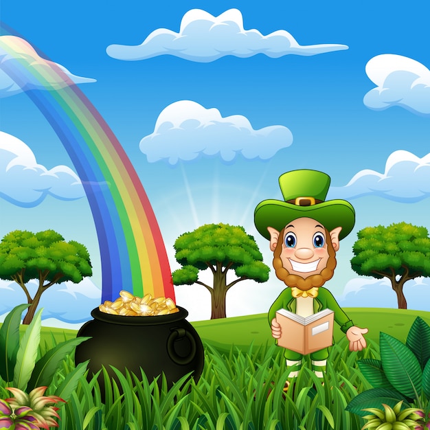 Leprechaun man with coin pot and hat on nature background