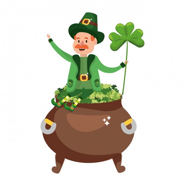 Vector leprechaun with pot of clovers