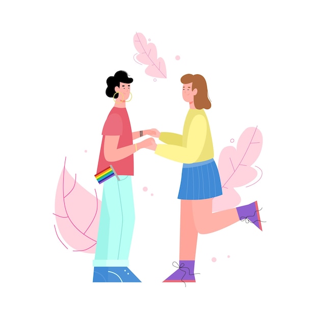 Lesbian couple characters holding hands flat vector illustration isolated