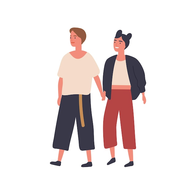 Lesbian couple holding hands flat vector illustration. Young happy women walking together cartoon characters. Cheerful girlfriends, lovers on stroll. Homosexual relationship design element.