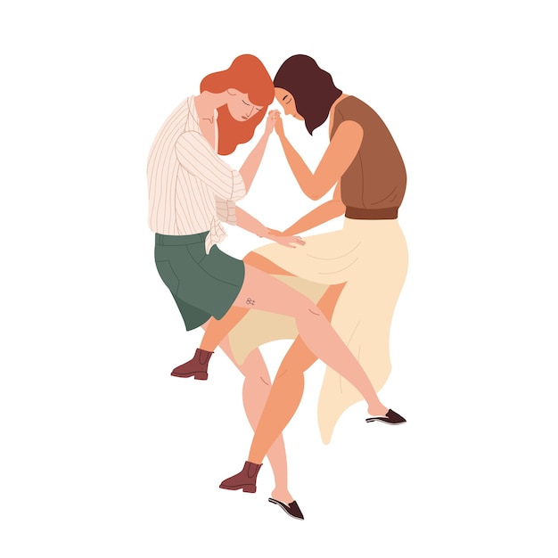 Lesbian couple. Intimacy between two modern women in love. Homosexual romantic and sexual partners lying, holding hands and hugging together. Flat vector illustration isolated on white background.