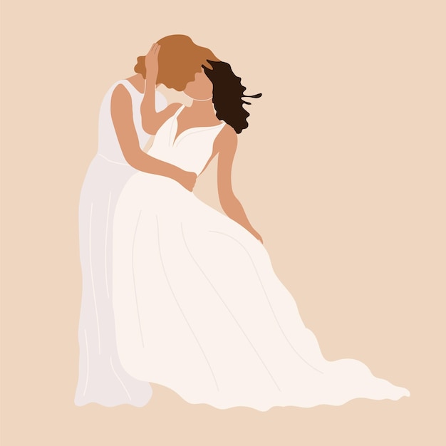 Vector lesbian couple marriage. homosexual wedding. brides in dress lgbt newlyweds.