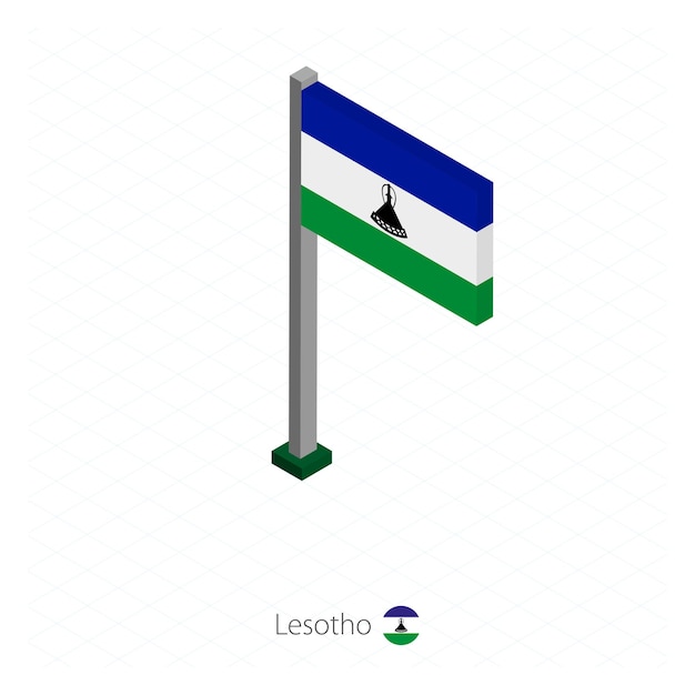 Lesotho Flag on Flagpole in Isometric dimension Isometric blue background Vector illustration