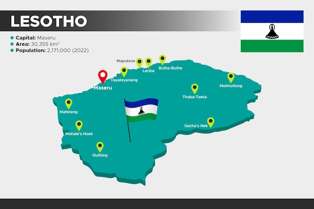 Lesotho isometric 3d illustration map Flag capital cities area population and map of Lesotho