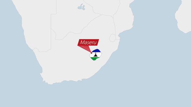 Lesotho map highlighted in Lesotho flag colors and pin of country capital Maseru