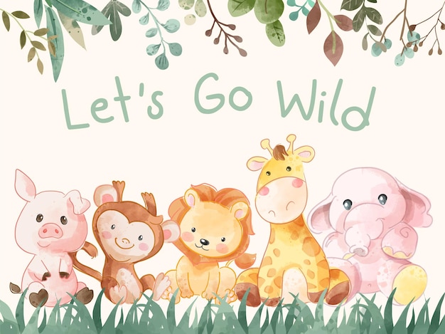 let's go wild slogan with wild animals cartoon illustration