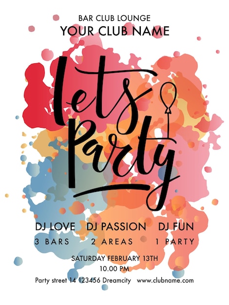 Let's Party lettering typography. Color Festival Party Flyer. Summer, Spring Party design template. Summer Party banner, flyer. Lettering for Festival of Color Party invitation card template