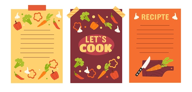 Vector lets cook posters set preparation of tasty food lists for recipes and ingredients vegetables at